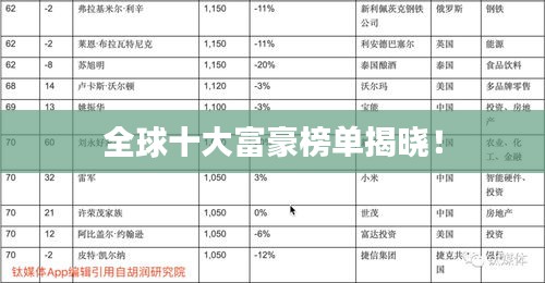 全球十大富豪榜单揭晓！